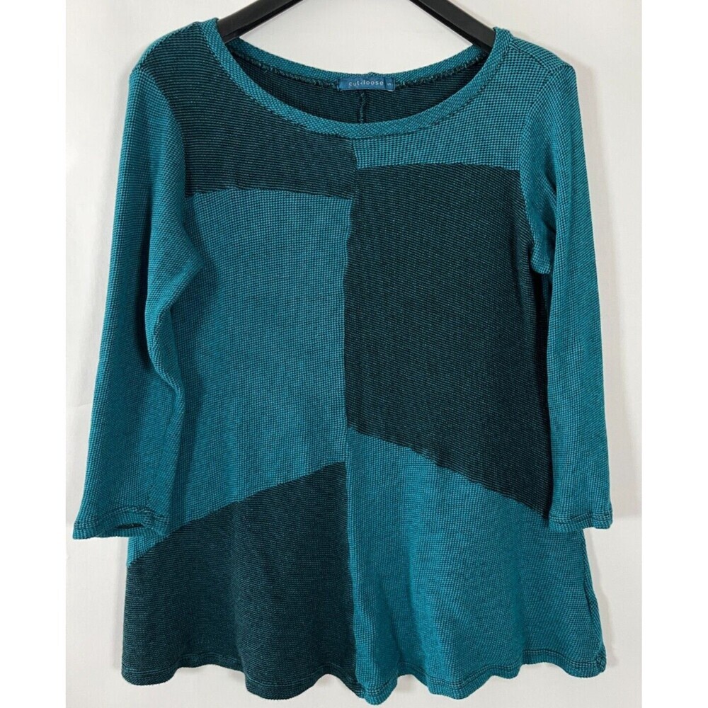 Cut Loose Stretch Knit Top‎ Patchwork Color Block Small Teal Waffle Knit Relaxed